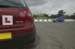 Car approaching a roundabout