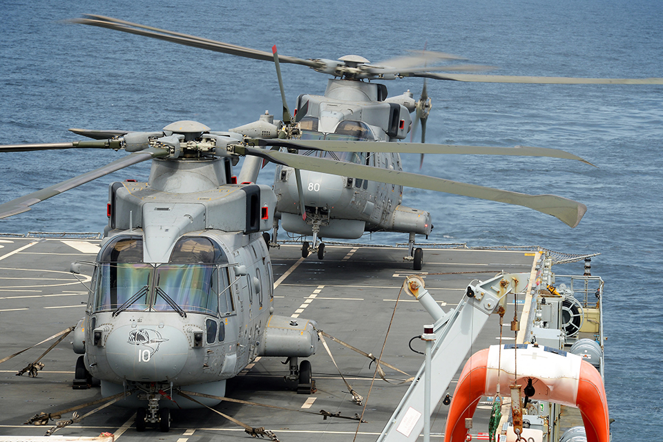 A Merlin Mk2 helicopter lands onboard RFA Argus 