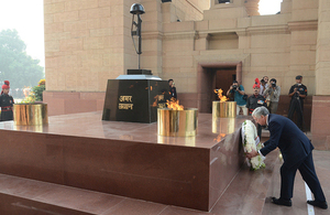 Defence Secretary Michael Fallon lays a wreath at the India Gate First World War Memorial in New Delhi [Picture: Sanjeev Narula, Crown copyright]