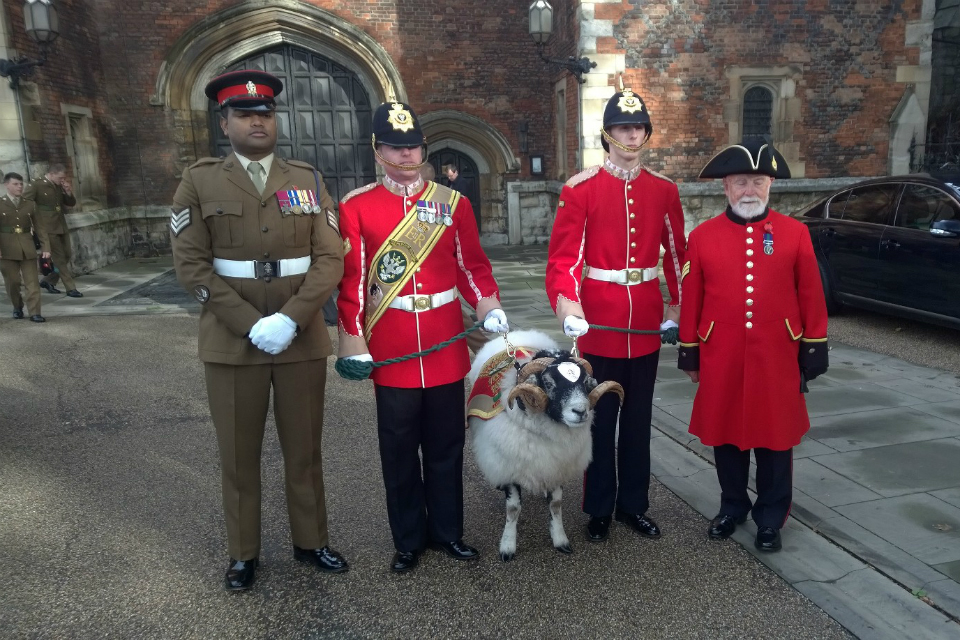 Sergeant Johnson Beharry VC with soldiers of the Mercian Regiment and their Regimental ram, the mascot of the regiment 