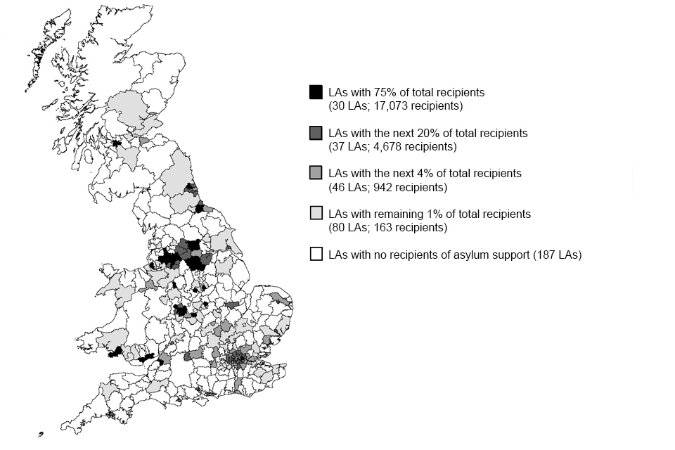The image shows those in receipt of asylum support under Section 95 by local authority for England, Scotland and Wales as at 31 December 2013. The data are available in Table as 16 q.