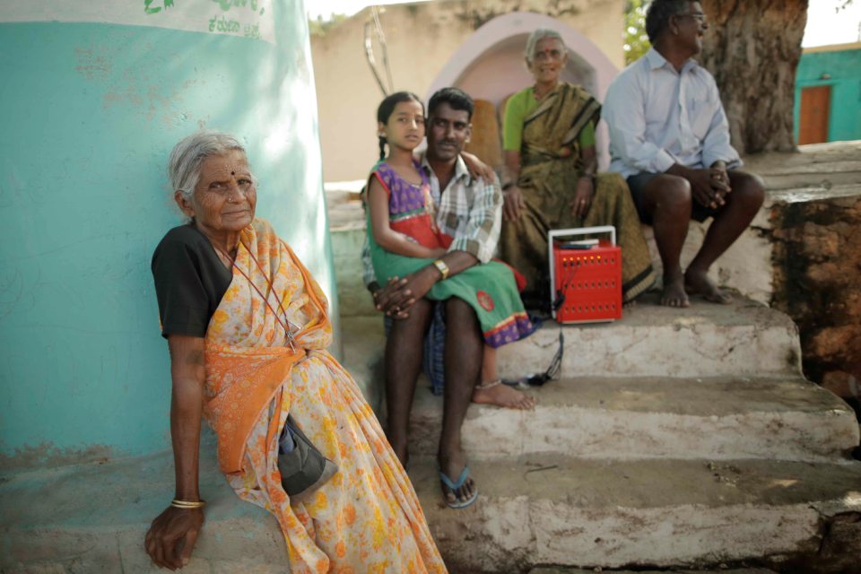 Another image of villagers in rural India with the Buffalo Grid Hub