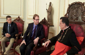 Tobias Ellwood with Patriarch Rai and Ambassador Tom Fletcher