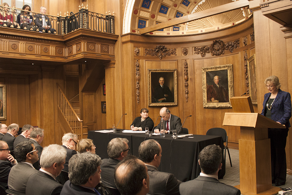 Andrea Leadsom giving a speech a Lloyd's