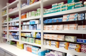 pharmacy shelves showing medicines