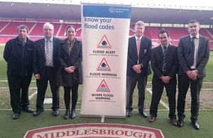 Representatives from the Environment Agency, Middlesbrough Football Club, Middlesbrough Council and Cleveland Emergency Planning Forum at the launch of the new service