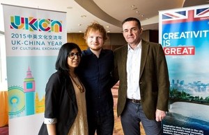 Deputy Consul General Matthew Forbes (right) and Meera Saujani from British Council (left) meet with Ed Sheeran (middle) to promote British Creativity.