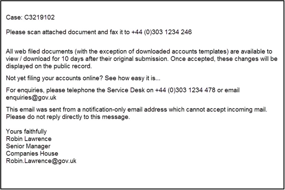 Screen grab of bogus email claiming to be from Companies House