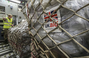 Relief supplies loaded onto a Royal Airforce C-17 transport plane