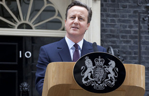 Prime Minister David Cameron speaking outside Number 10 Downing Street on 8 May 2015