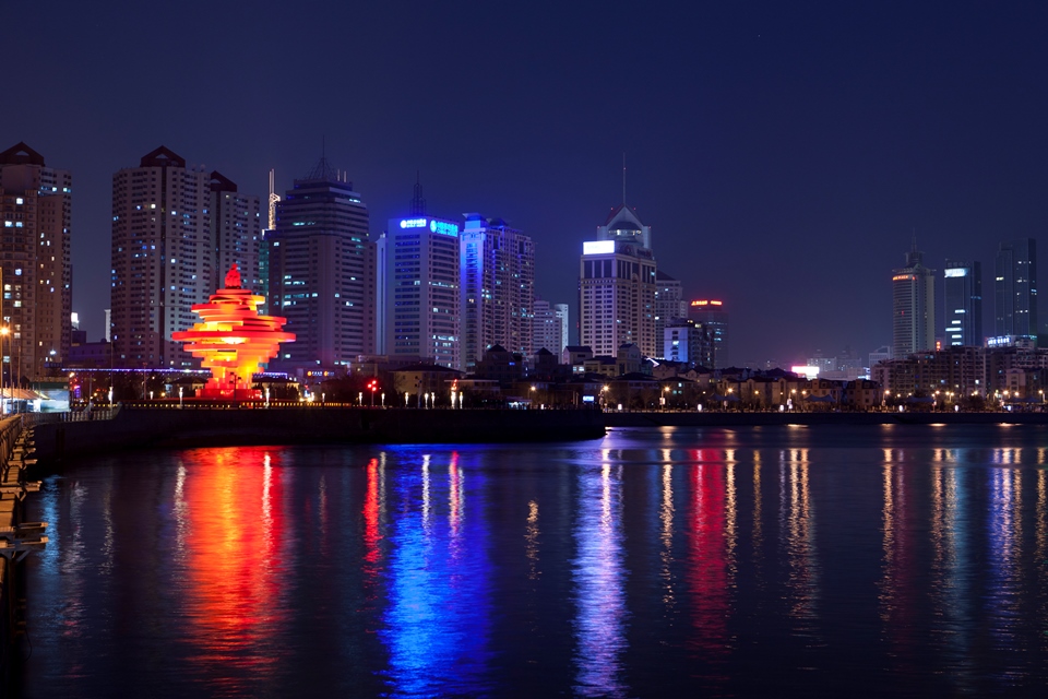 Wusi Square and May Wind Sculpture at night, Qingdao, China