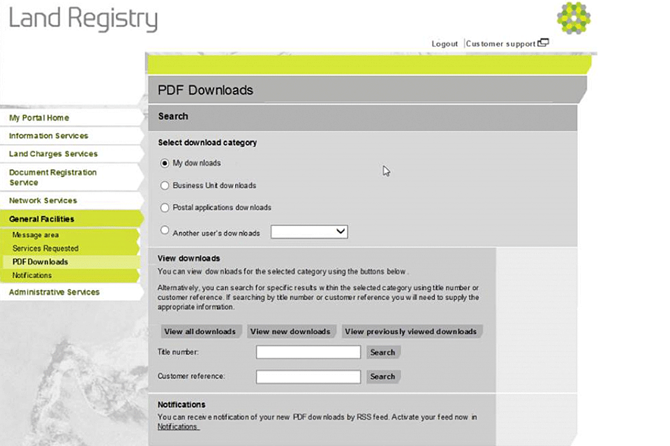 PDF download screen on HM Land Registry's portal.
