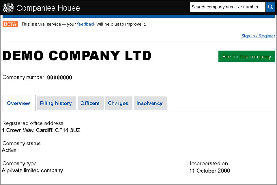 Screen grab of company details page