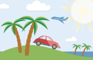 A car by the sea with palm trees, a plane in the sky and the sun shining.