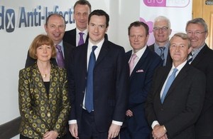 Innovate UK CEO Ruth McKernan and Chancellor George Osborne with other dignitaries at Redx Pharma for Catapult announcement