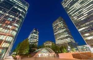 Night view of Canary Wharf buildings, London