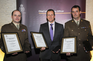 From left: Warrant Officer Class 2 (Artificer Quartermaster Sergeant) John Fleming, Mr Steve Bissell and Warrant Officer Class 2 Mark Lavender with their Information Excellence Awards