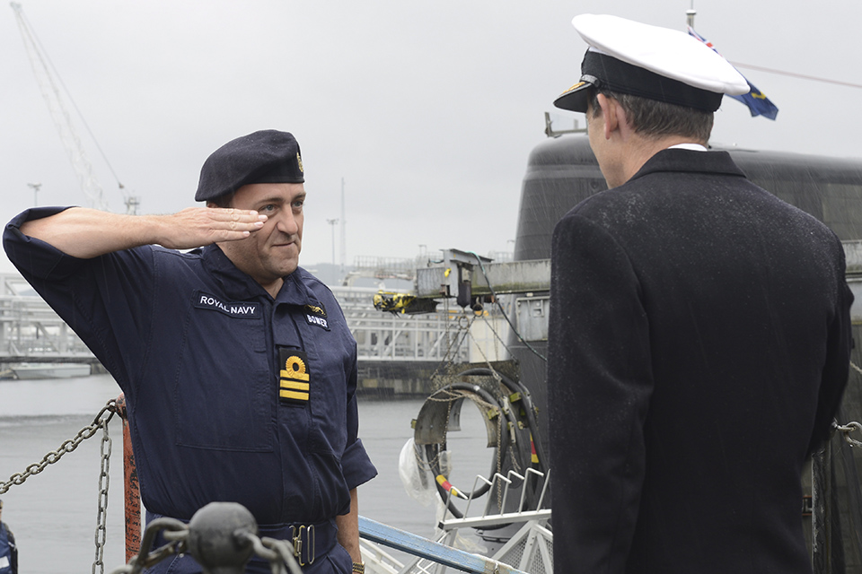 Commander Scott Bower of HMS Artful Meeting Rear Admiral Weale OBE Assistant Chief of Naval Staff Submarine and Flag Officer Scotland.