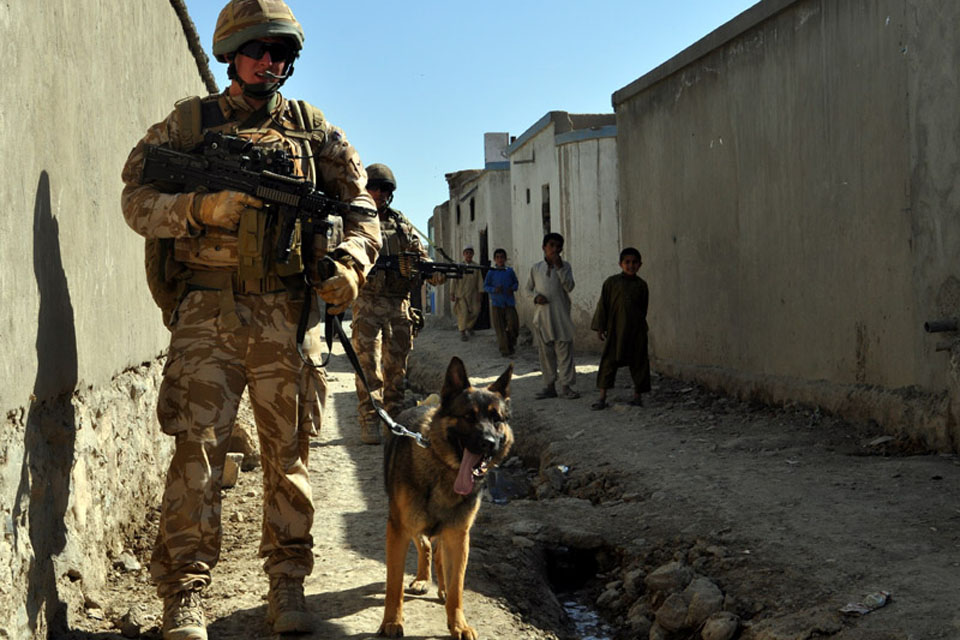 Lance Corporal Andy Wallace and patrol dog Gromit out on patrol in the suburbs of Kabul