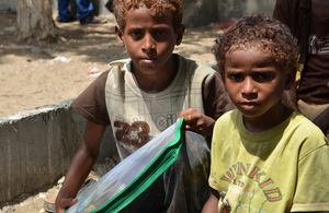 Children receiving hygiene kits in Hodeida, Yemen. Picture: Muhammad Awadh/ Save the Children