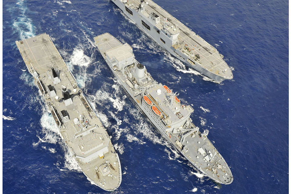 RFA Fort Rosalie (centre) during her deployment on Op ELLAMY