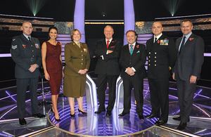 Service contestants and their celebrity partners on the set of Who Wants to Be a Millionaire? Remembrance Special