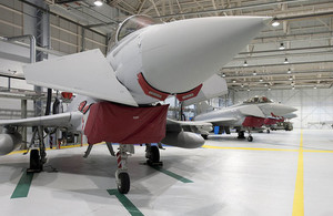 A Typhoon in one of the hangars in RAF Lossiemouth. Crown Copyright. Photo: SAC Conner Payne.