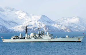 HMS Edinburgh anchored off King Edward Point on South Georgia