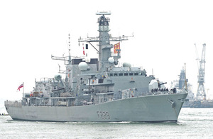 HMS Lancaster leaves Portsmouth, flying the flag of the Duchy of Lancaster, following an extensive refit