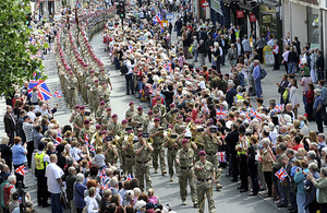 Cheering crowds line the streets of Colchester to welcome the soldiers of 16 Air Assault Brigade home from operations in Afghanistan