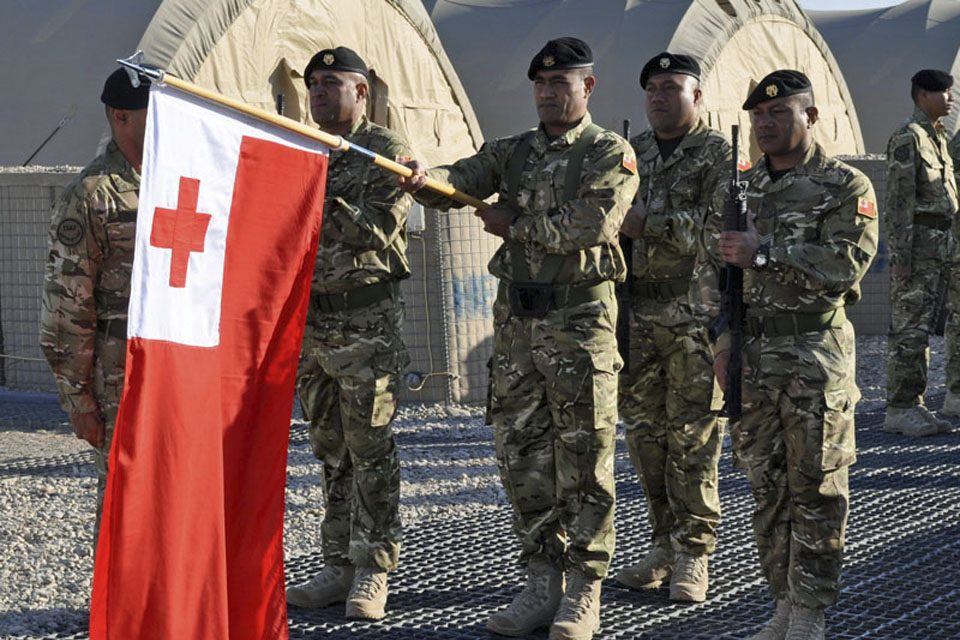 The outgoing contingent from the Tonga Defence Services prepares to march on for the handover parade in Camp Bastion, Afghanistan  