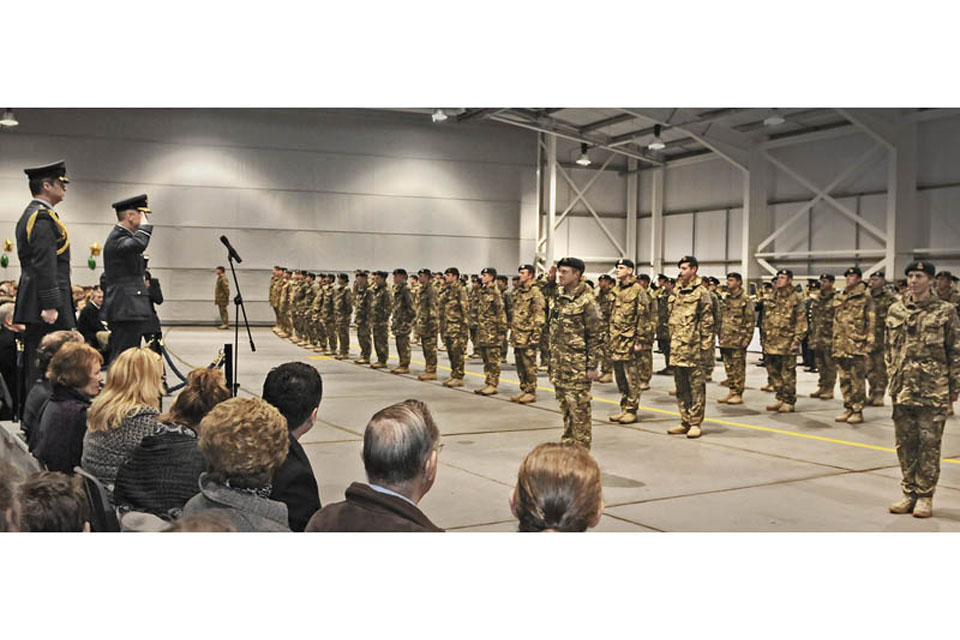 Air Vice Marshal Stuart Atha, Air Officer Commanding No 1 Group, receives the salute from Wing Commander Jim Mulholland during the Operational Service Medal presentation ceremony for 31 Squadron at RAF Marham 