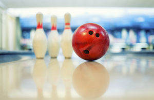 Bowling ball and pins