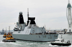 HMS Daring passing the Spinnaker Tower as she returns to her home in Portsmouth