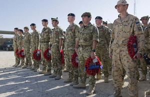British Service personnel take part in a silent parade to mark Remembrance Sunday at the British base in Lashkar Gah, Helmand province