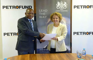 Chairperson of the Petrofund board, PS of the Ministry of Mines and Energy, Simeon Niilenge Negumbo, and British High Commissioner to Nambia, HE Jo Lomas at the signing of the MoU ceremony.