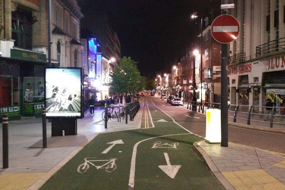 Leicester's contraflow cycleway along Granby Street, leading from the super crossing.