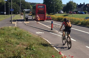 Bus stop bypass on Lewes Road, Brighton showing the cycle path deflection and the bus passenger crossing point.