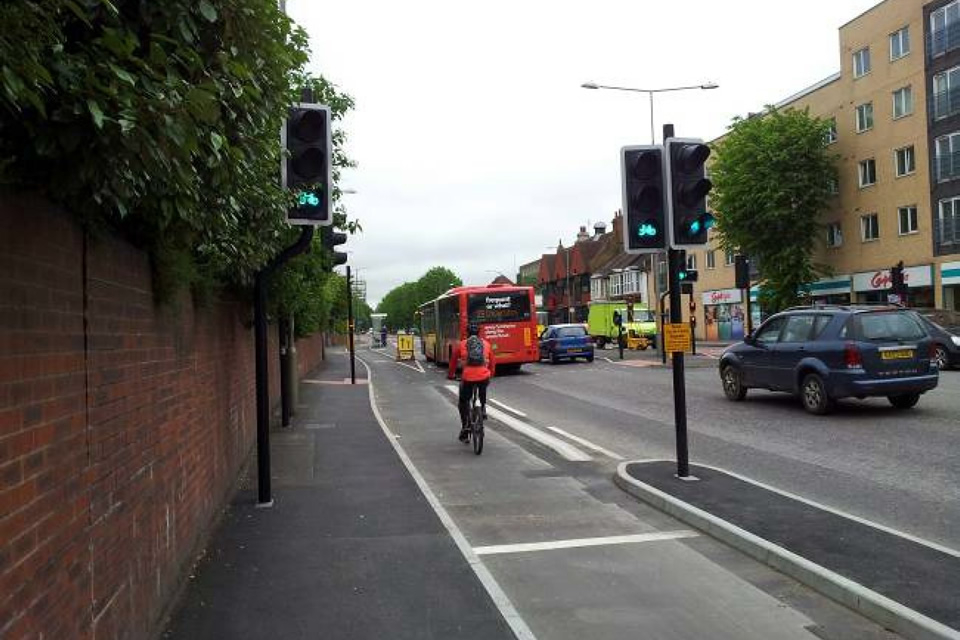 Cycleway bypass of a traffic signalled road junction on Lewes Road, Brighton.