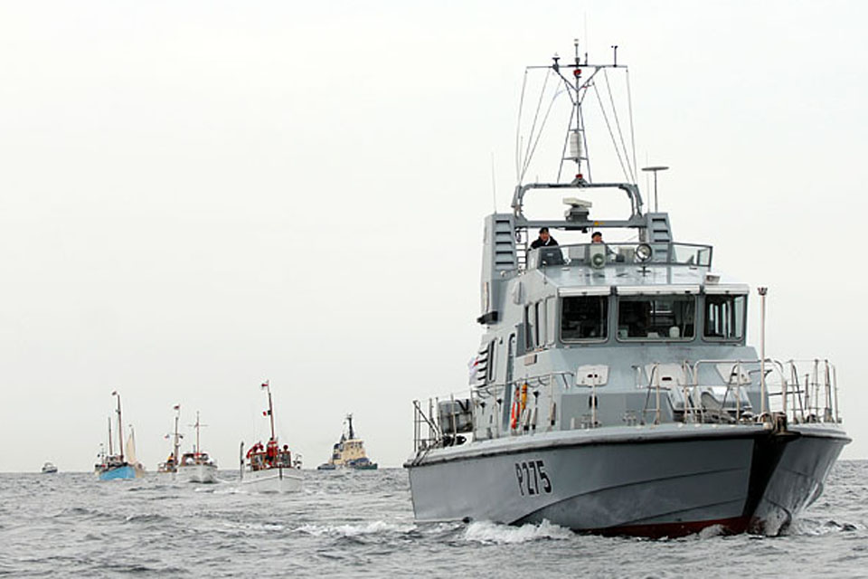 Royal Navy patrol vessel HMS Raider crosses the Channel with boats of the Dunkirk Little Ships flotilla