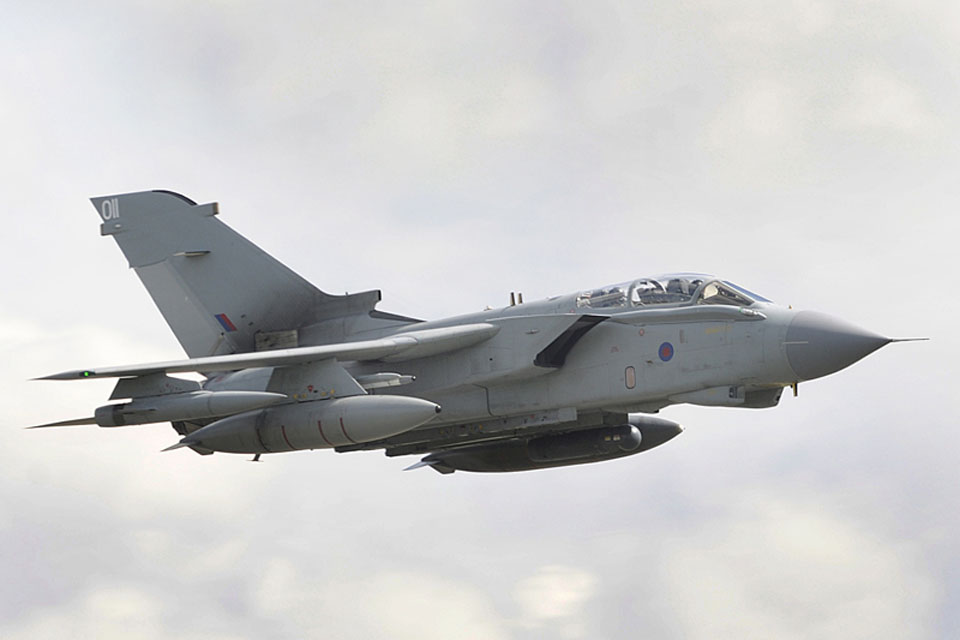 A Tornado GR4 aircraft en route to North Africa from RAF Marham in the UK, an eight-hour round trip, for a mission over Libya