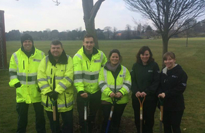 The Environment Agency team that joined Birmingham City Council, Birmingham Trees for Life and schoolchildren to plant 280 trees at Perry Hall playing fields in Perry Barr, Birmingham.