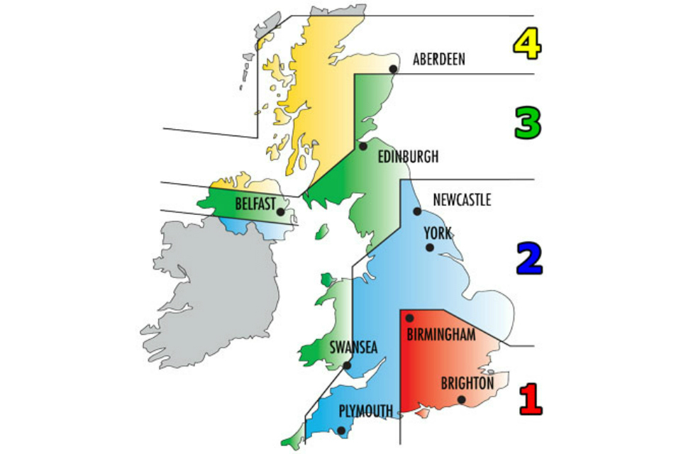 Wall wind map showing approximately the areas in the UK of zones 1 to 4, detailed in the following table.