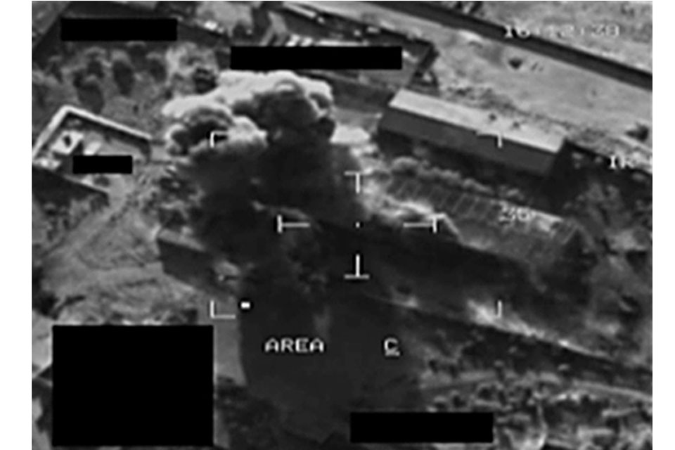 Still captured from targetting pod footage of a successful RAF Typhoon strike on Libyan main battle tanks