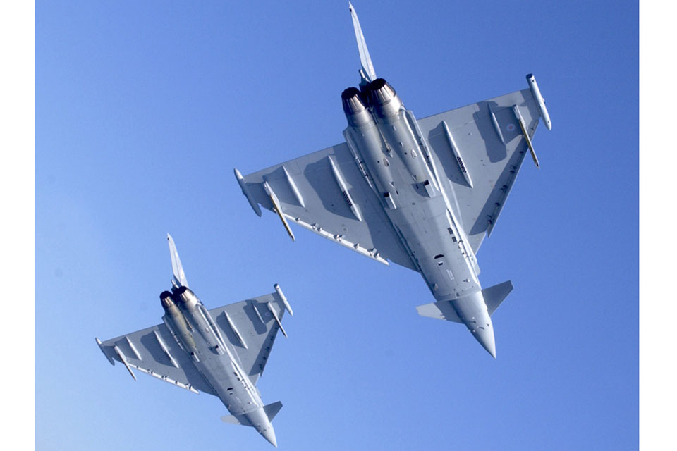 Two RAF Typhoons in flight (stock image)