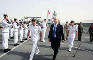 Defence Secretary Michael Fallon onboard HMS Defender in Qatar. Picture: Elias Talj, British Embassy Doha.