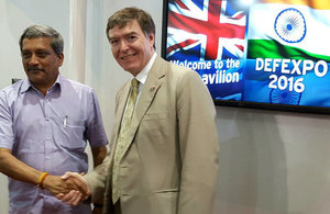 Philip Dunne MP, Minister Defence Procurement meets Manohar Parrikar, Indian Defence Minister at DEFEXPO 2016.