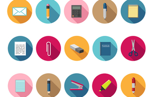 Icons of various stationery items such as paper clips, pencils and staplers set in colorful round backgrounds