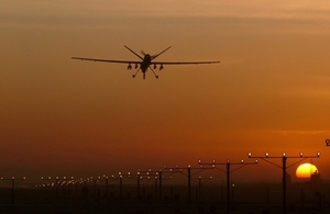 A Reaper Remotely Piloted Air System (RPAS) comes into land at Kandahar Airbase in Helmand, Afghanistan.