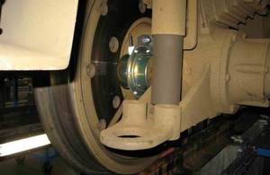 Image of underside of train with monitoring device on wheel bogie.